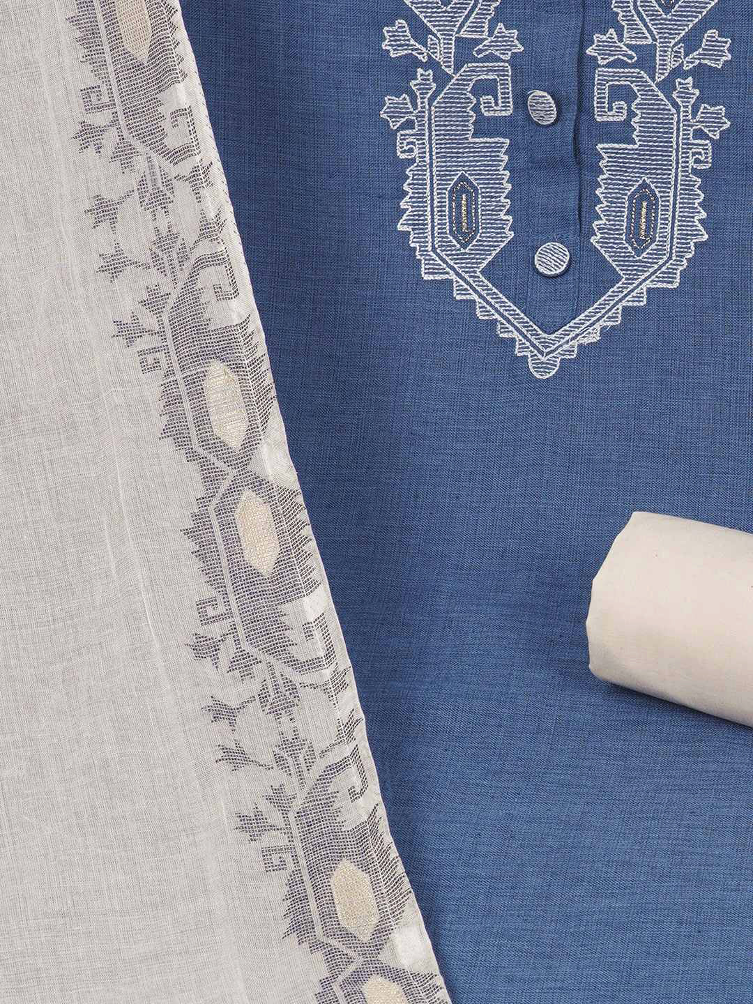 3-piece unstitched set features a blue embroidered top paired with a soft cream dupatta showcasing subtle woven motifs.