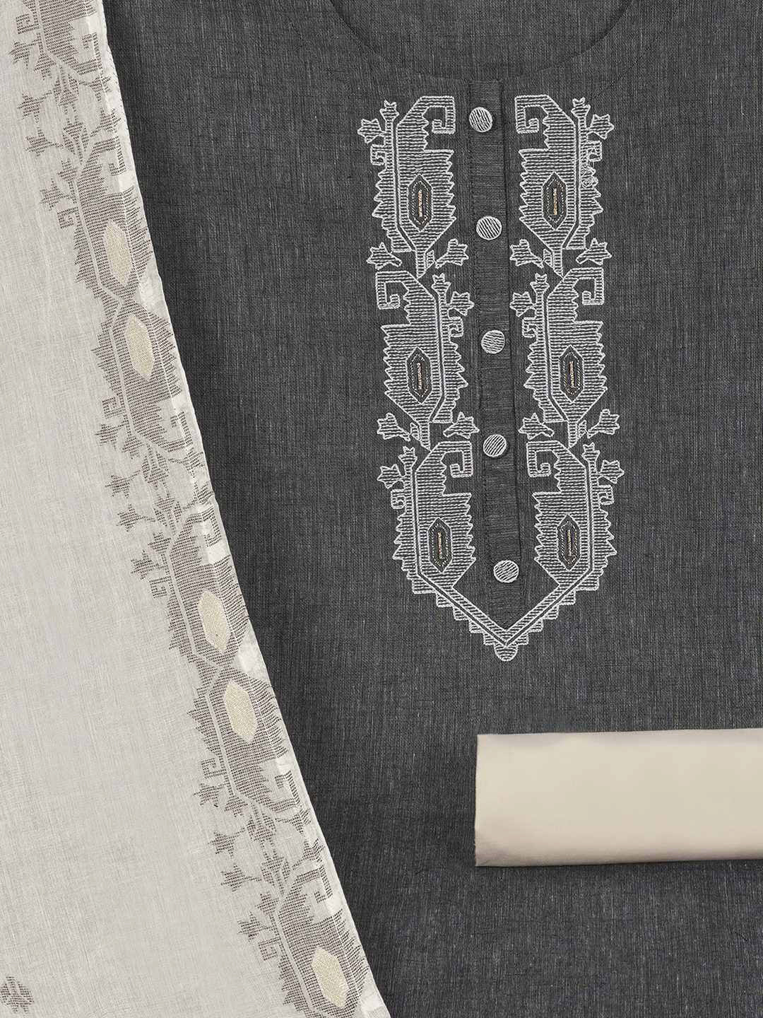 3-piece unstitched set features a black embroidered top paired with a soft cream dupatta showcasing subtle woven motifs.