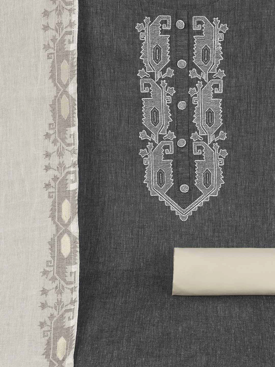 3-piece unstitched set features a black embroidered top paired with a soft cream dupatta showcasing subtle woven motifs.