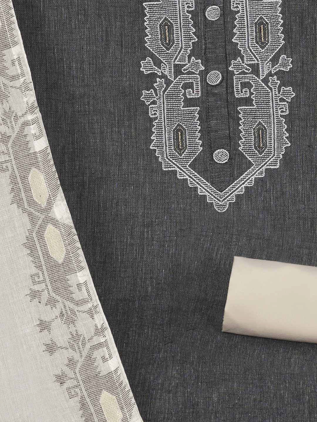 3-piece unstitched set features a black embroidered top paired with a soft cream dupatta showcasing subtle woven motifs.