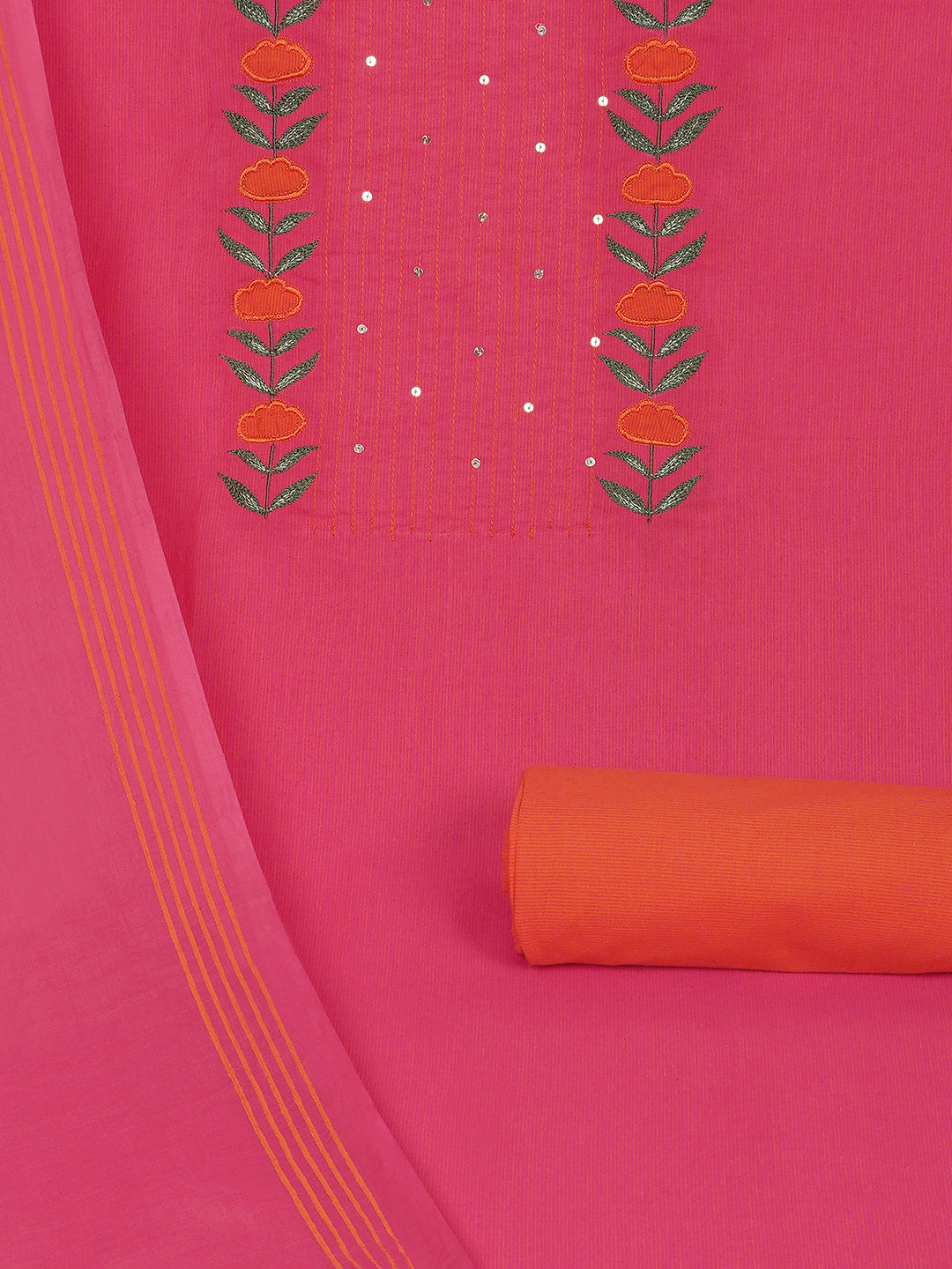 3-piece suit set with a floral applique yoke, paired with contrasting bottoms and block-printed dupatta.