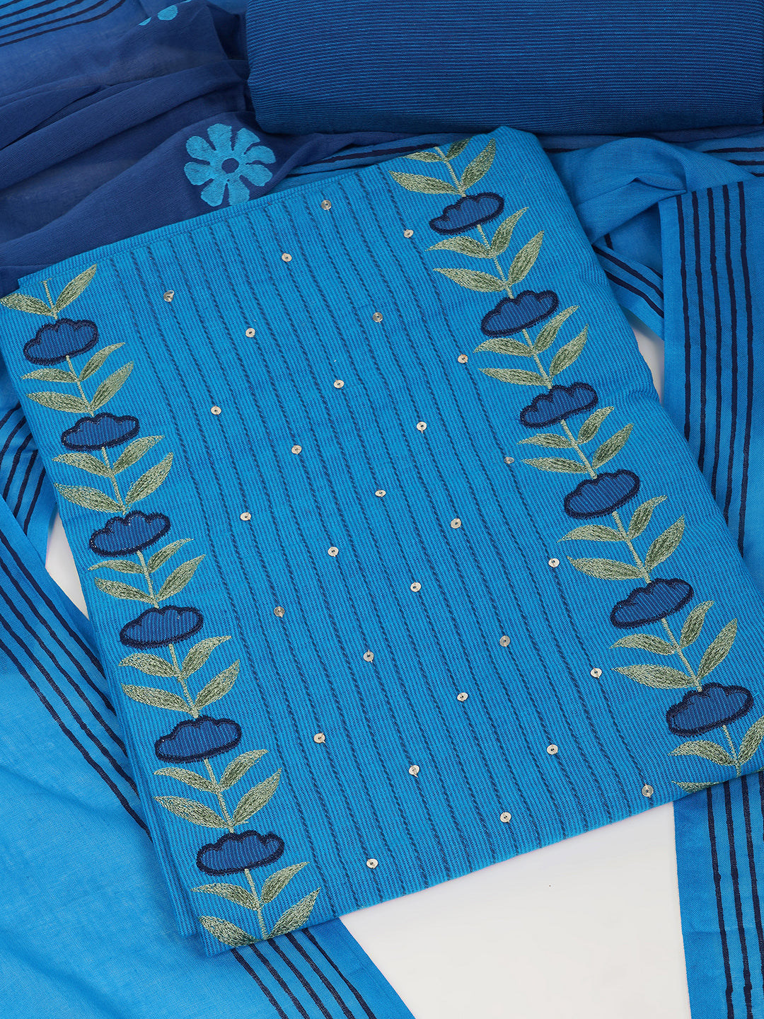 3-piece suit set with a floral applique yoke, paired with contrasting bottoms and block-printed dupatta.