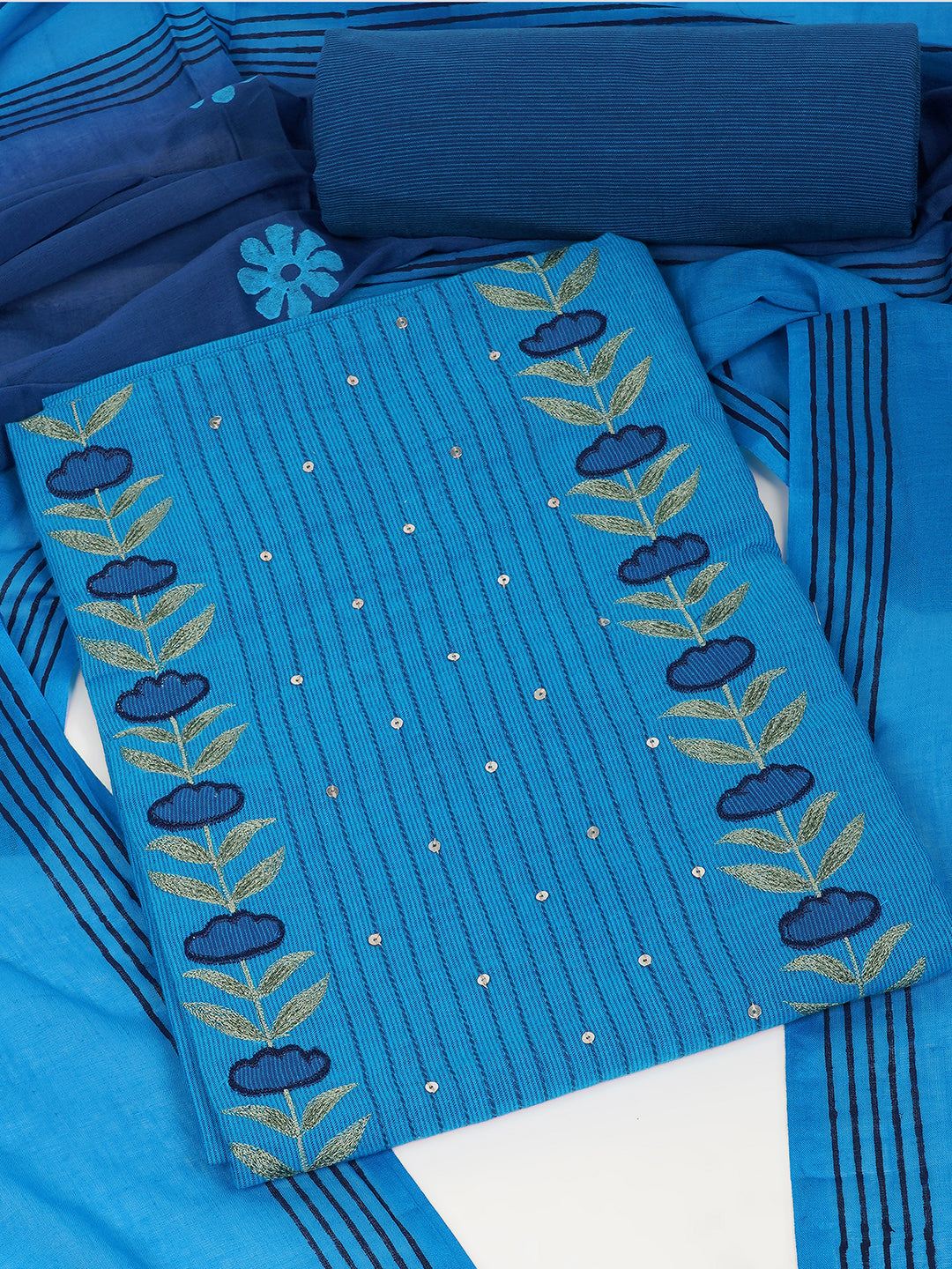 3-piece suit set with a floral applique yoke, paired with contrasting bottoms and block-printed dupatta.