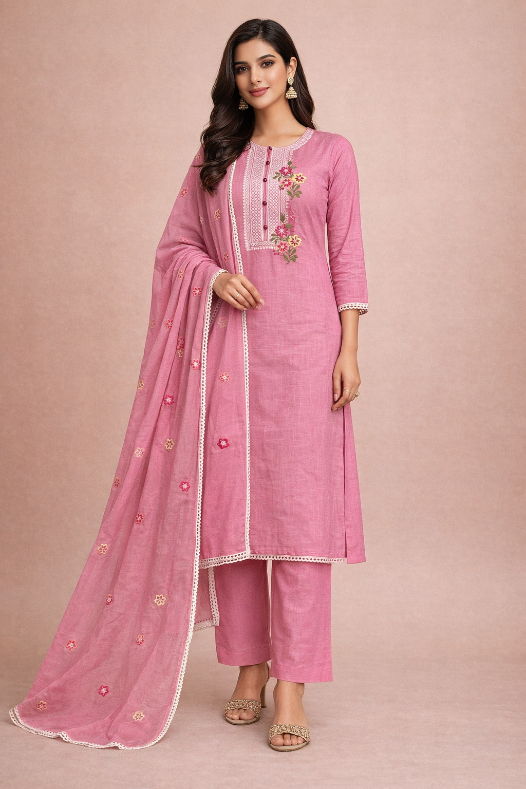 Unstitched suit set featuring delicate embroidery , paired with a solid bottom and a printed dupatta.(Pink)