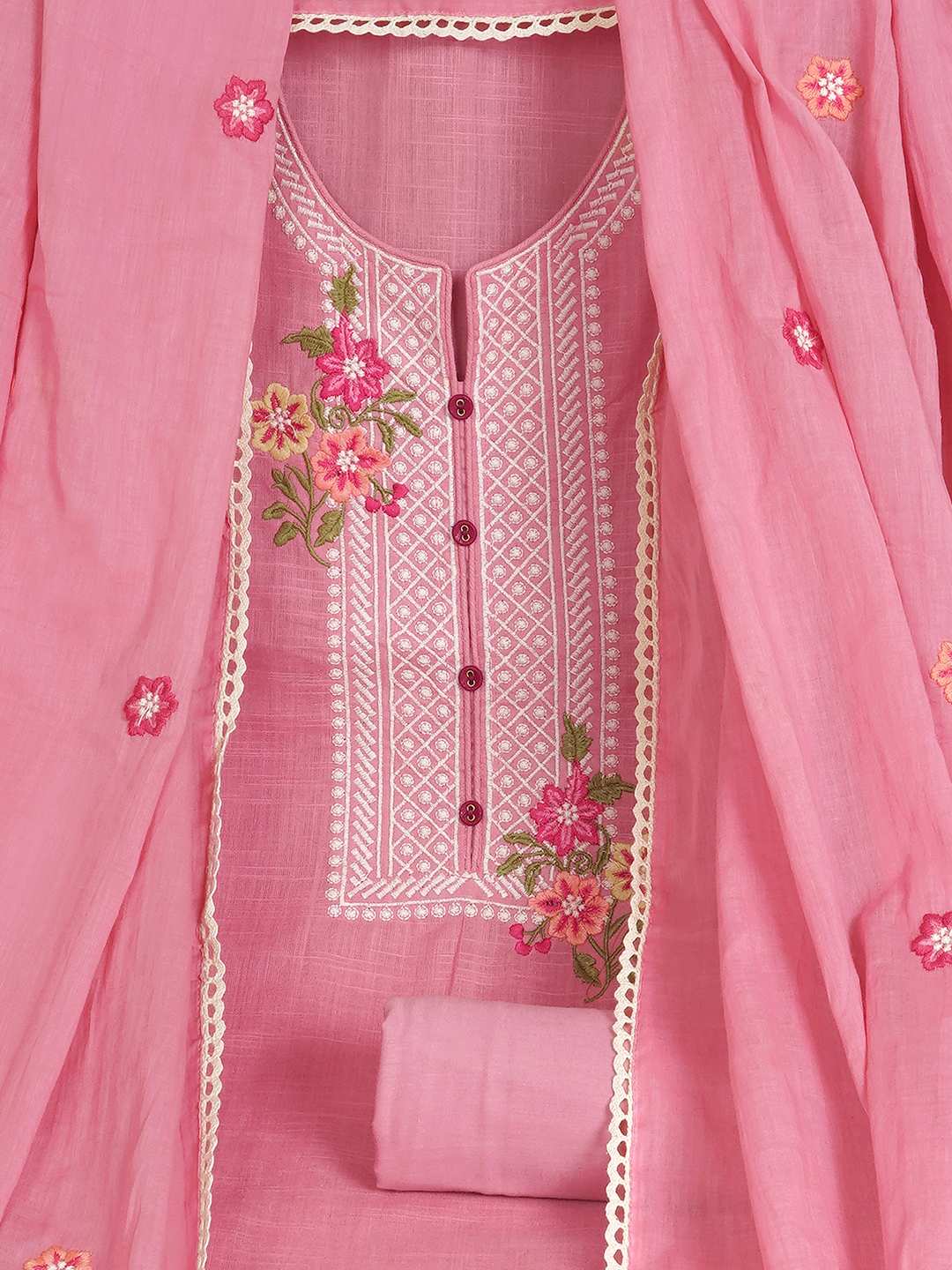 3-piece solid suit set featuring delicate embroidery , paired with a solid bottom and a printed dupatta.(Pink)
