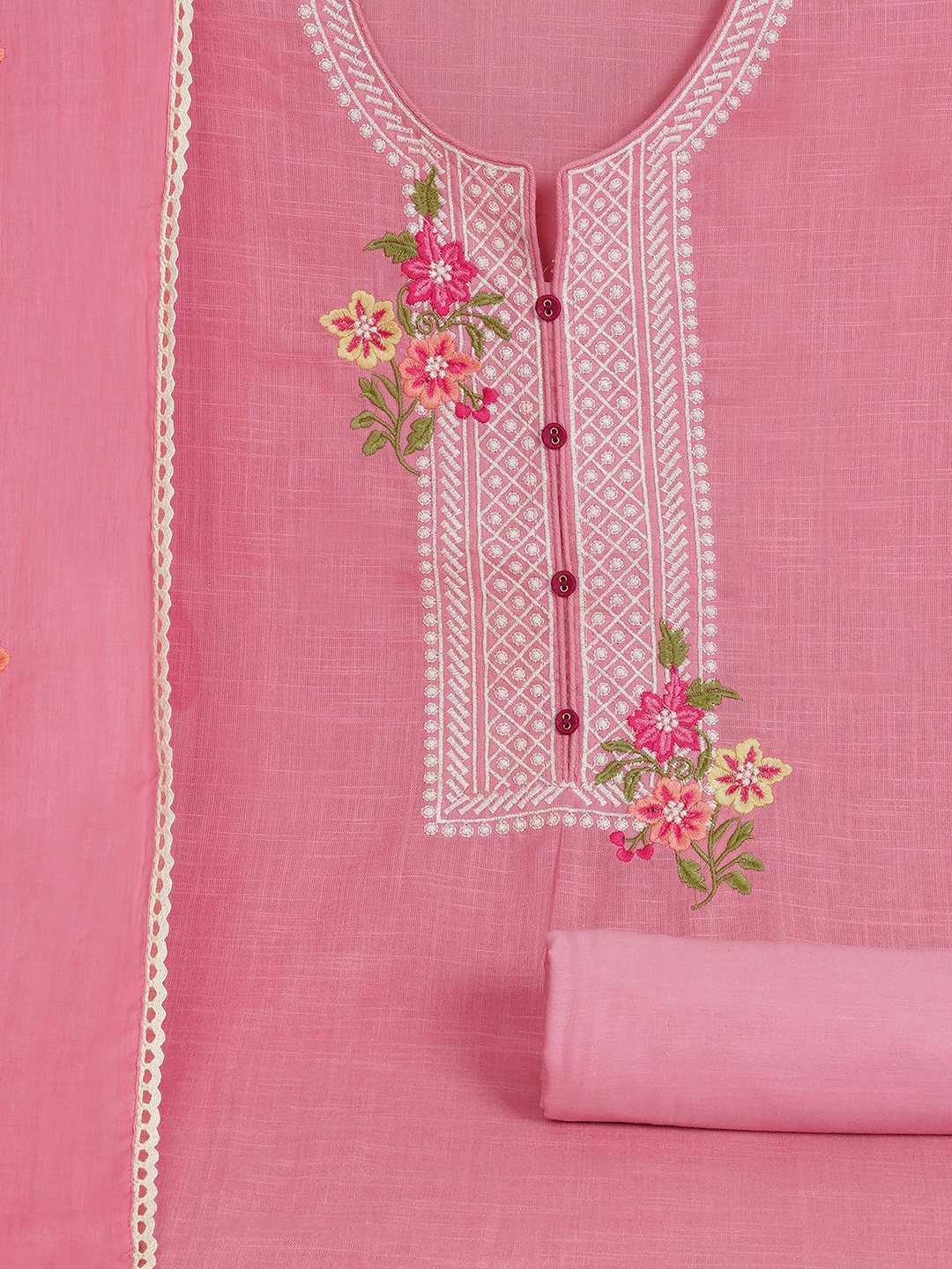 Unstitched suit set featuring delicate embroidery , paired with a solid bottom and a printed dupatta.(Pink)