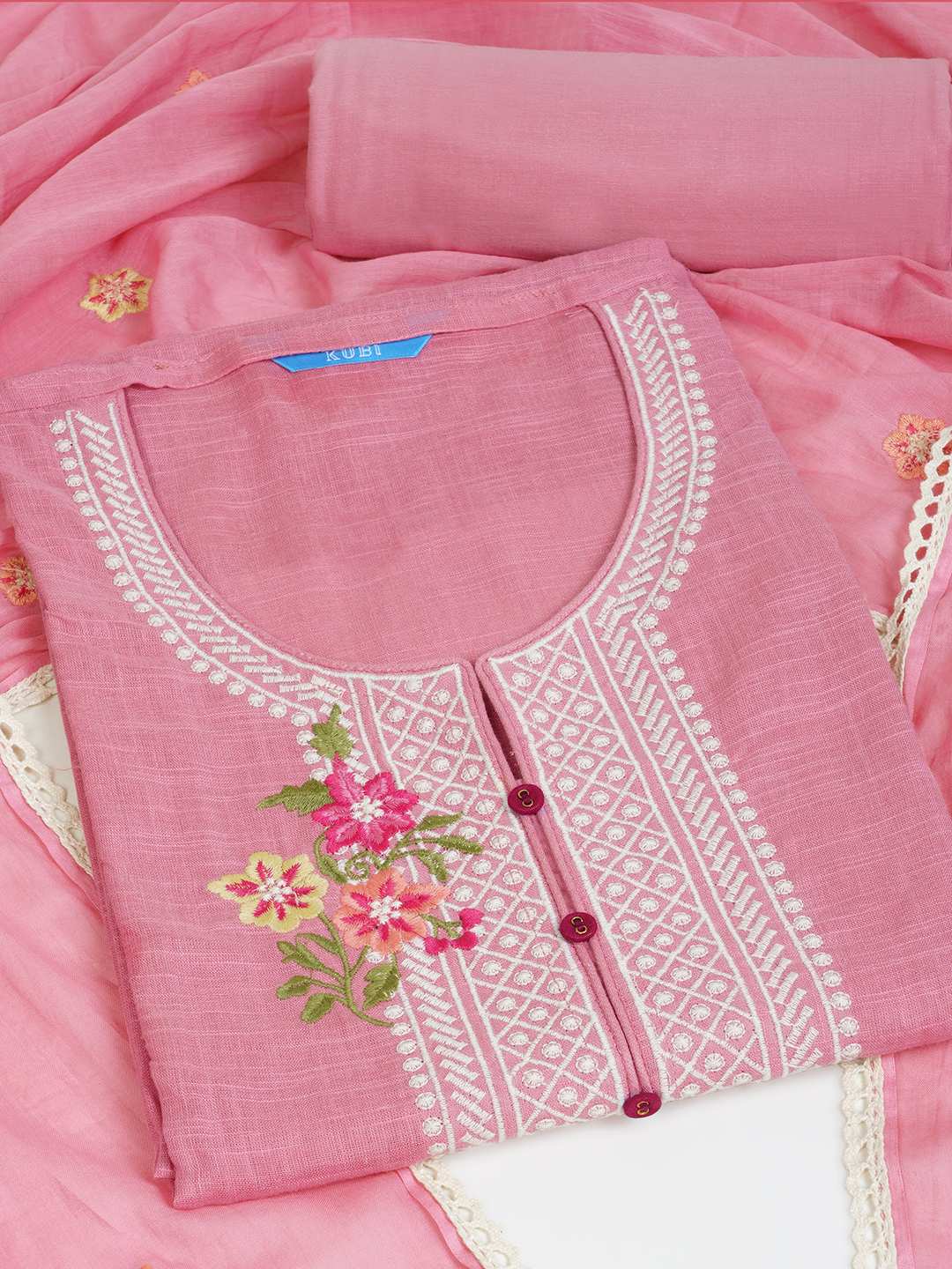 3-piece solid suit set featuring delicate embroidery , paired with a solid bottom and a printed dupatta.(Pink)