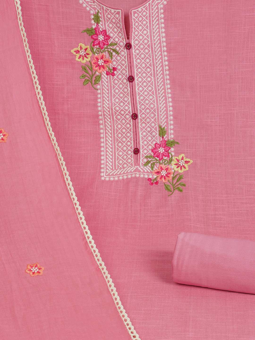 Unstitched suit set featuring delicate embroidery , paired with a solid bottom and a printed dupatta.(Pink)
