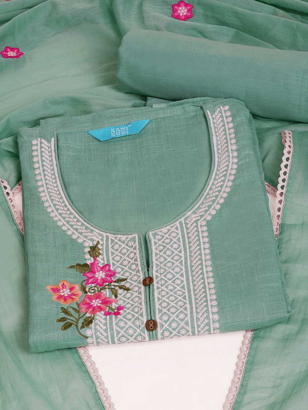 3-piece solid suit set featuring delicate embroidery , paired with a solid bottom and a printed dupatta.(Blue)