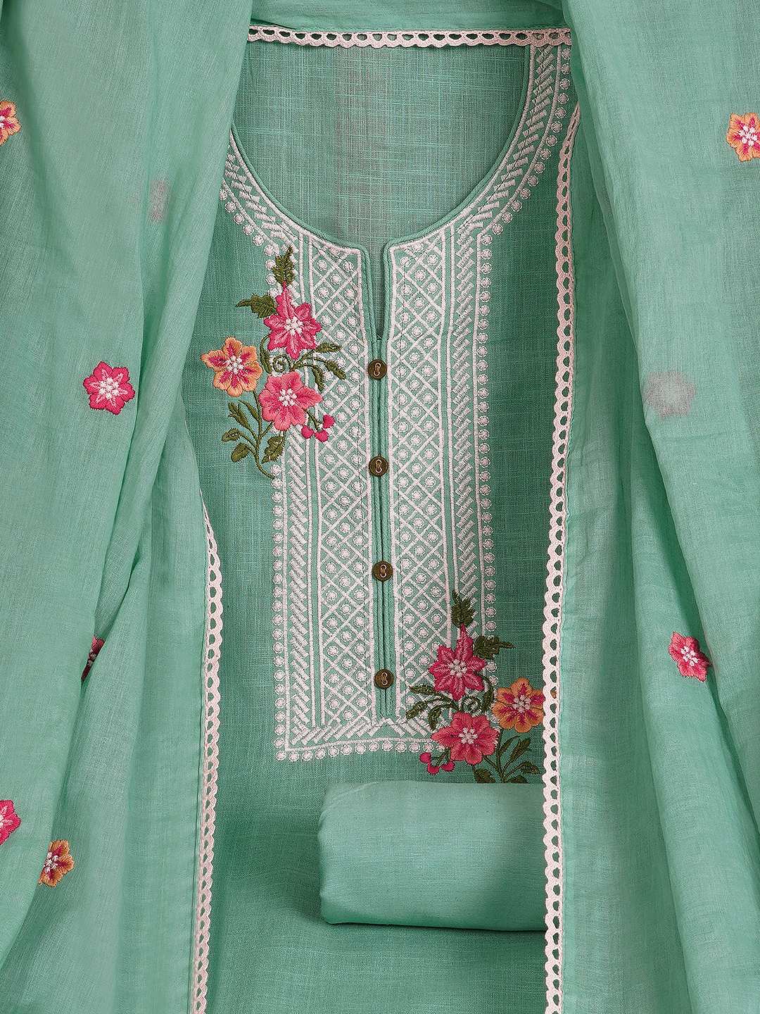 3-piece solid suit set featuring delicate embroidery , paired with a solid bottom and a printed dupatta.(Blue)