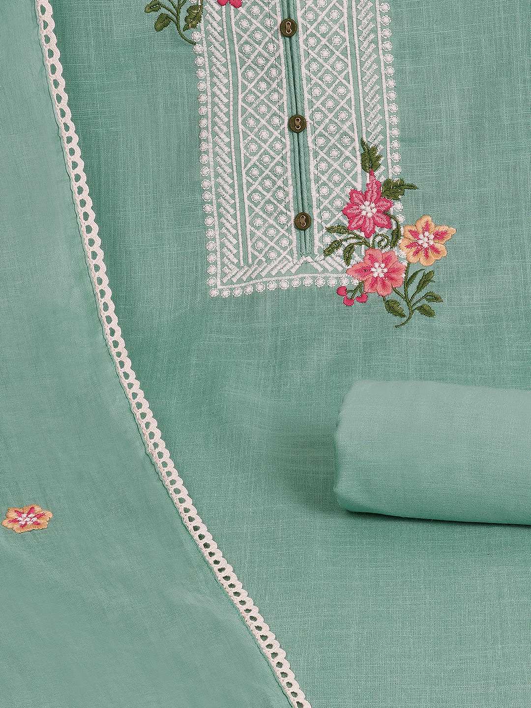 3-piece solid suit set featuring delicate embroidery , paired with a solid bottom and a printed dupatta.(Blue)