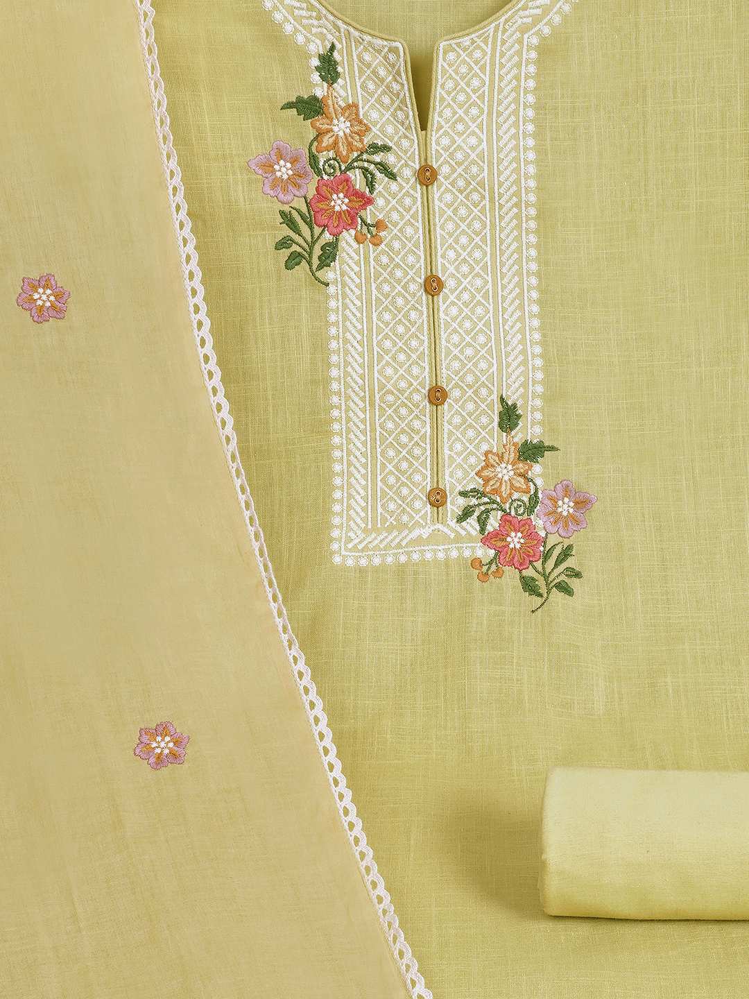 3-piece solid suit set featuring delicate embroidery , paired with a solid bottom and a printed dupatta.(Yellow)