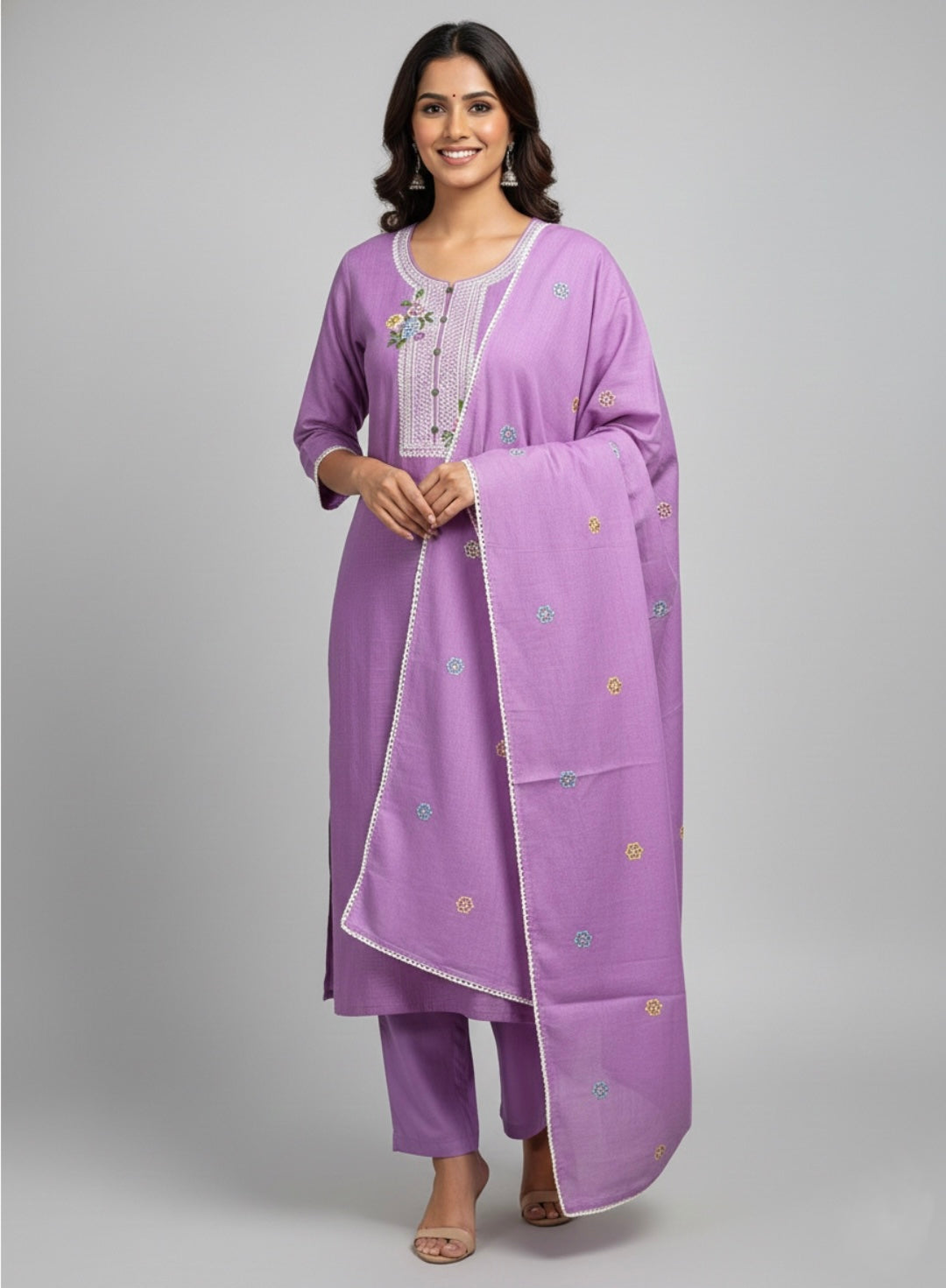3-piece solid suit set featuring delicate embroidery , paired with a solid bottom and a printed dupatta.(Purple)