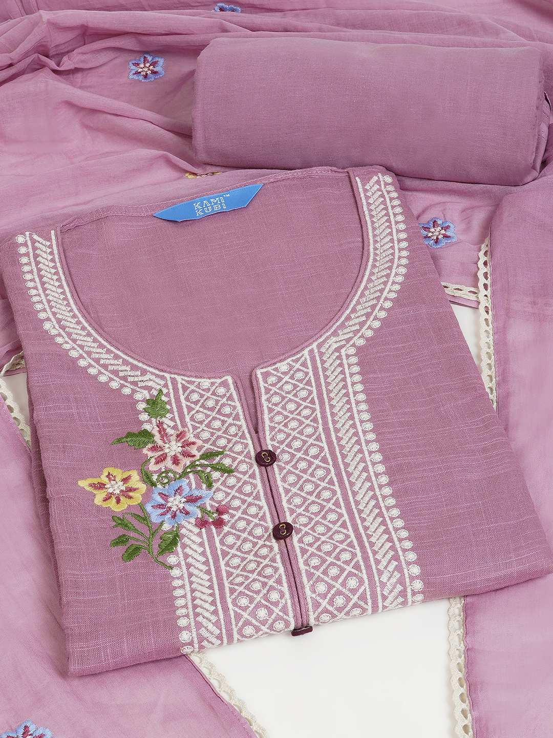 Unstitched suit set featuring delicate embroidery , paired with a solid bottom and a printed dupatta.(Purple)