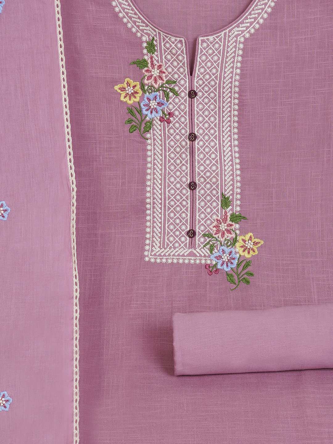 Unstitched suit set featuring delicate embroidery , paired with a solid bottom and a printed dupatta.(Purple)