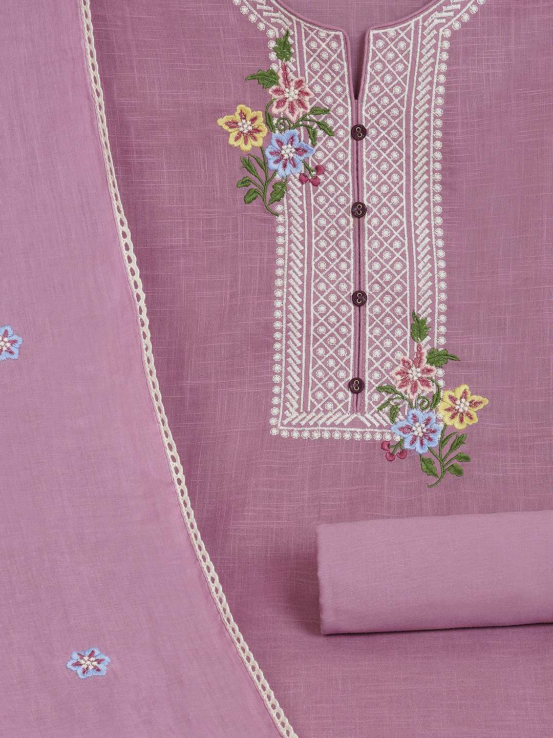 Unstitched suit set featuring delicate embroidery , paired with a solid bottom and a printed dupatta.(Purple)