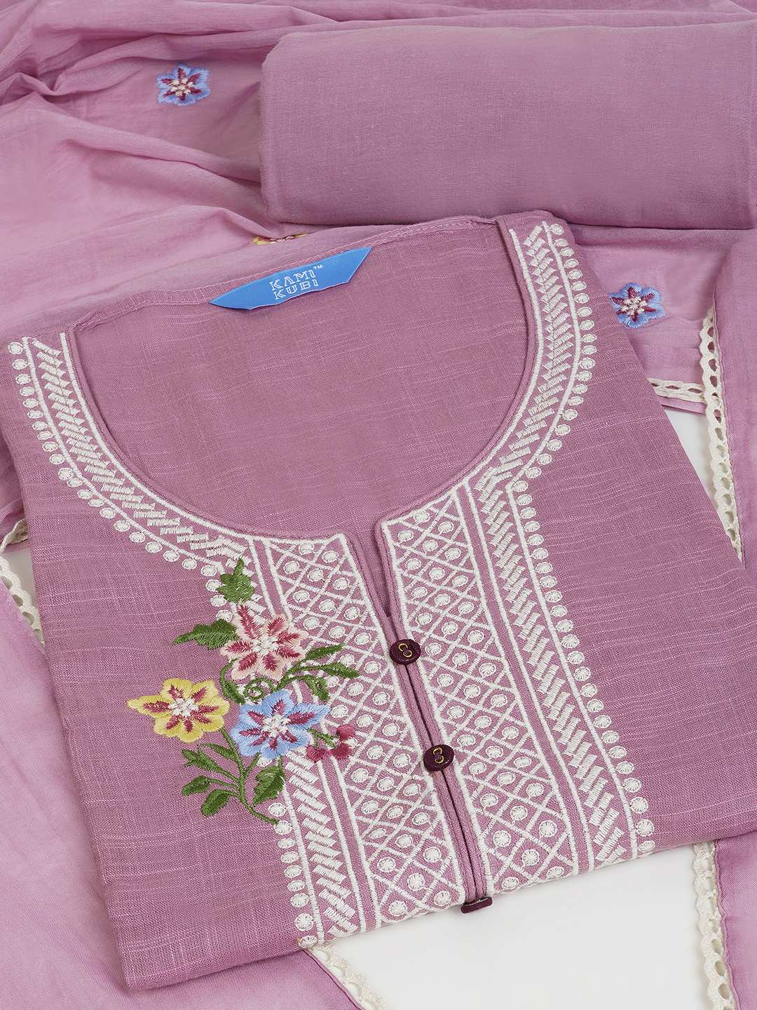 Unstitched suit set featuring delicate embroidery , paired with a solid bottom and a printed dupatta.(Purple)