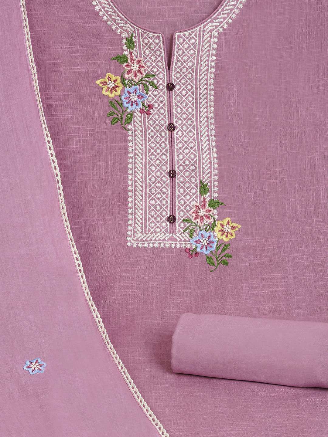 Unstitched suit set featuring delicate embroidery , paired with a solid bottom and a printed dupatta.(Purple)