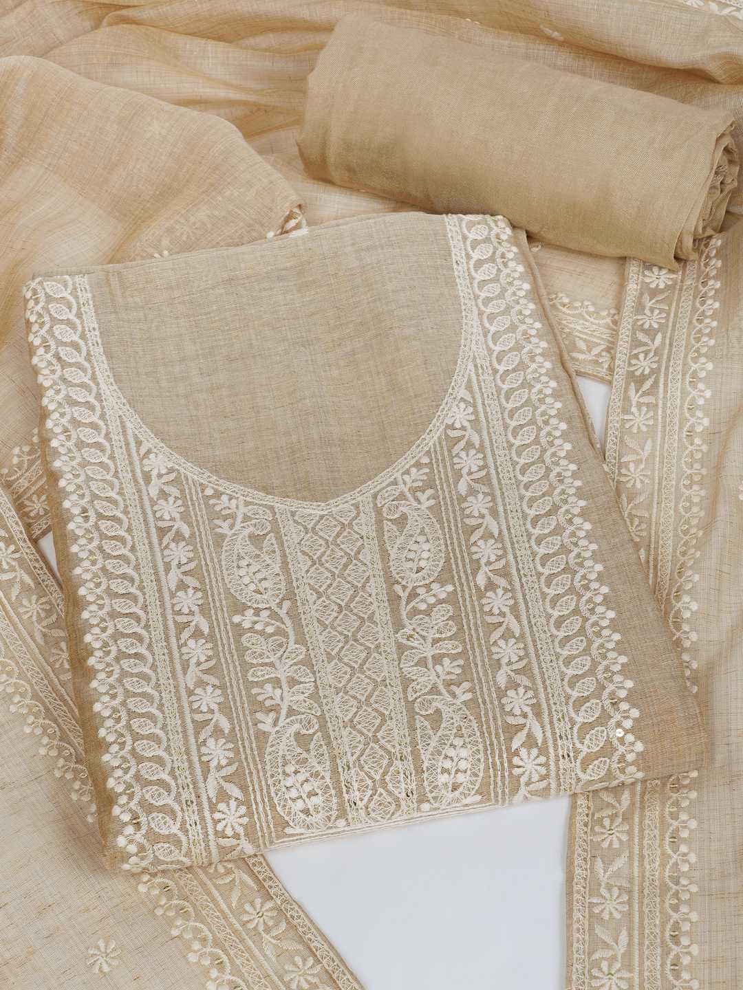 Unstitched Tussar Silk Suit Set with White Thread Panel Work & Embroidered Dupatta.