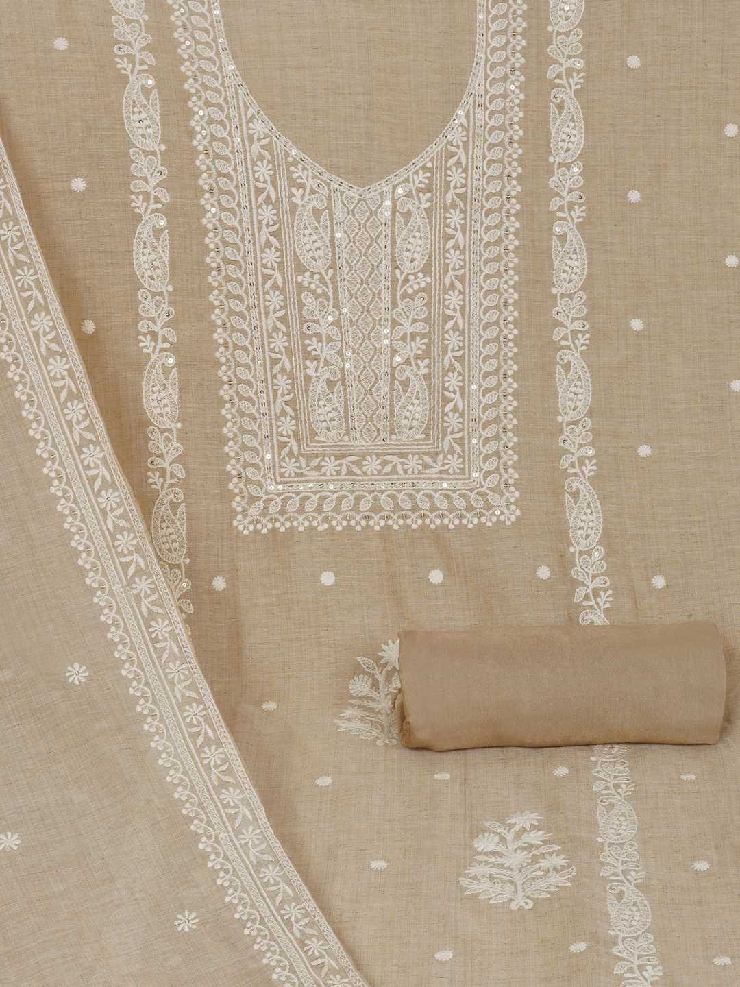 Unstitched Tussar Silk Suit Set with White Thread Panel Work & Embroidered Dupatta.