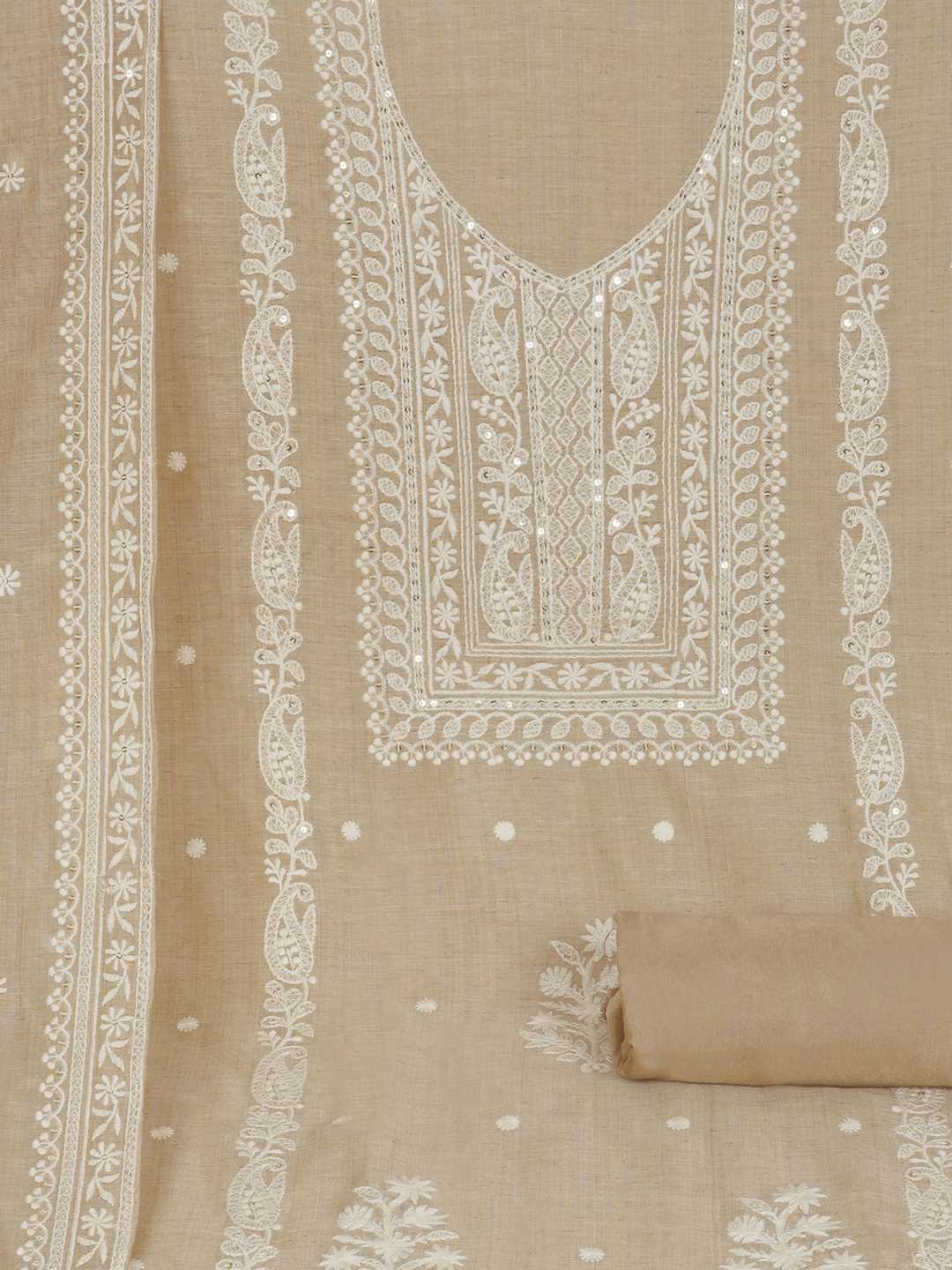 Unstitched Tussar Silk Suit Set with White Thread Panel Work & Embroidered Dupatta.