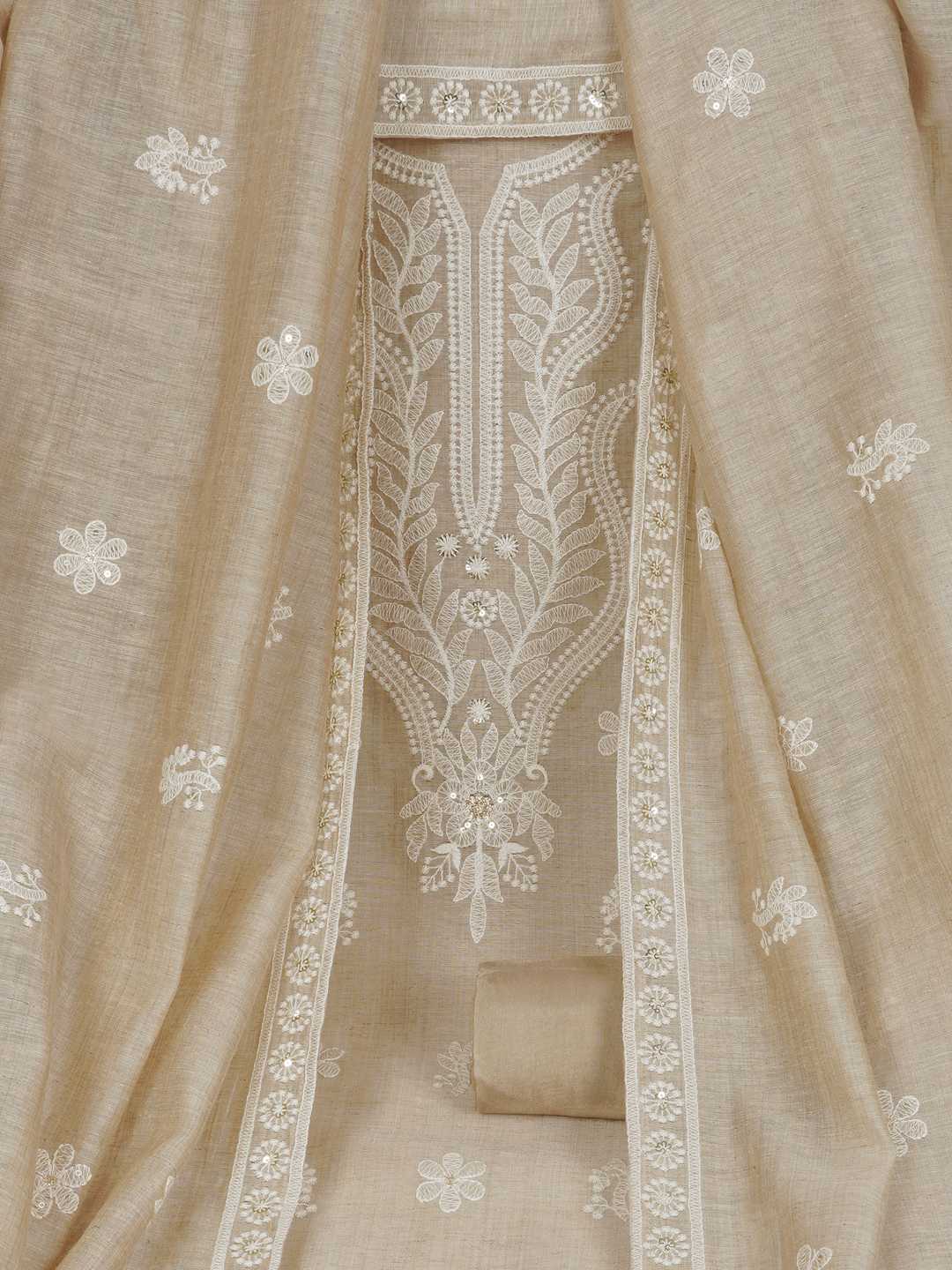 Tussar Silk Dress Material with Elegant White Thread Work & Matching Dupatta