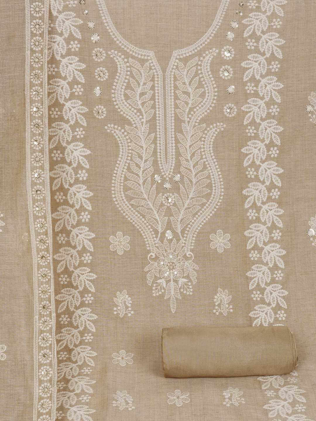 Tussar Silk Dress Material with Elegant White Thread Work & Matching Dupatta