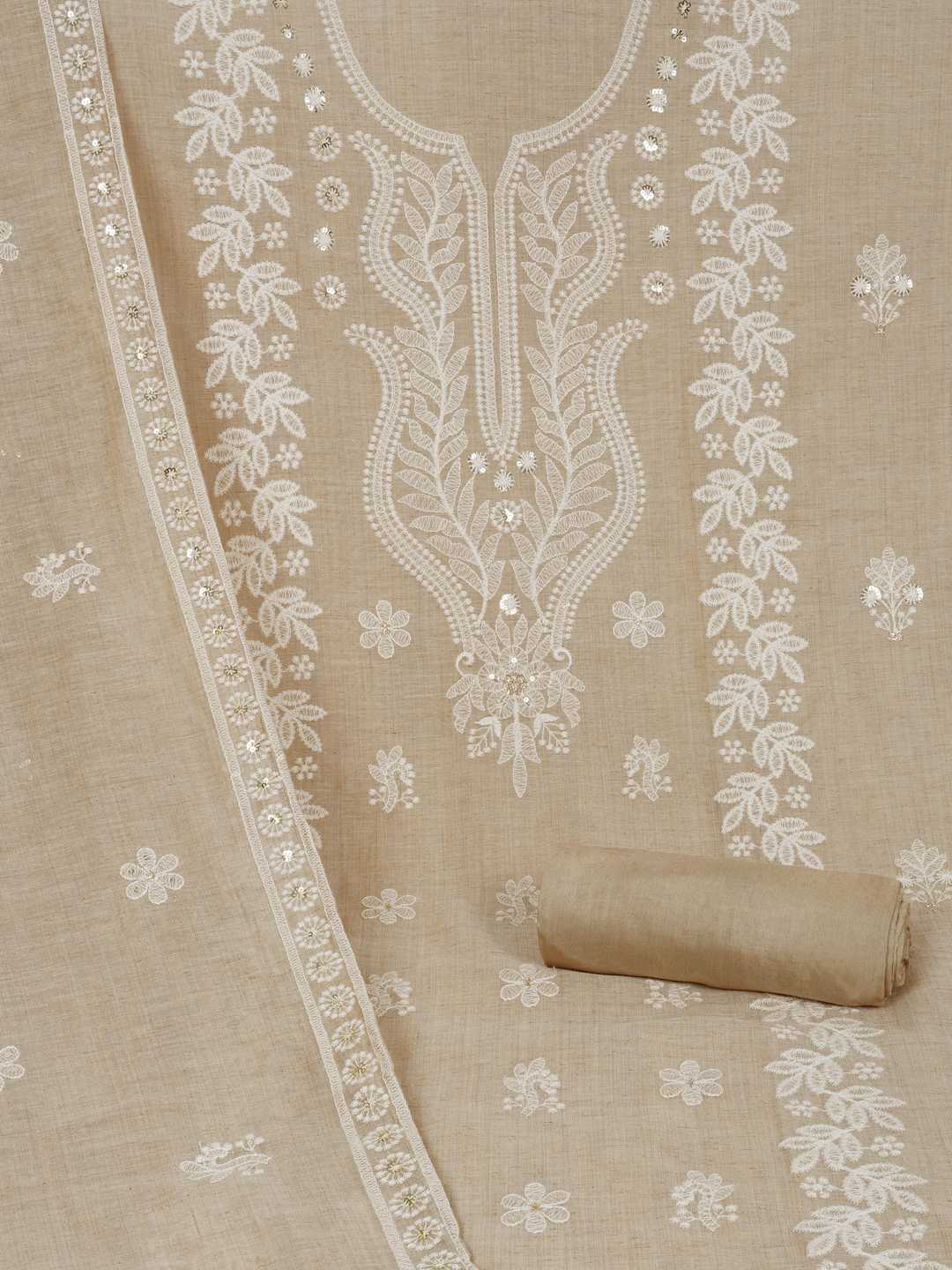Tussar Silk Dress Material with Elegant White Thread Work & Matching Dupatta