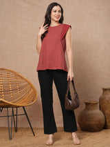 Flared top in chequered cotton fabric with hand embroidered running stitch