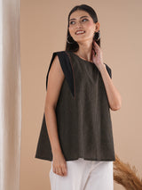 Black flared top in chequered cotton fabric with hand embroidered running stitch