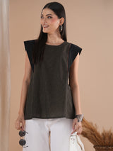 Black flared top in chequered cotton fabric with hand embroidered running stitch