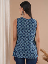 Sleeveless cotton print top with hand embroidered feather stitch and tassels