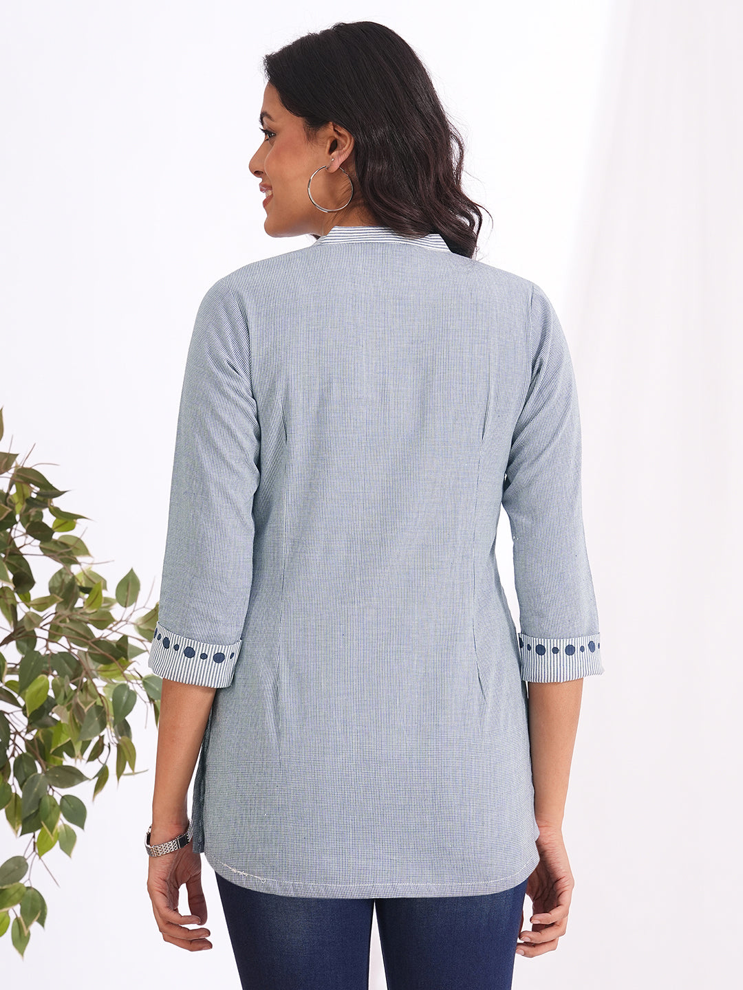 Woven cotton top with mix of stripes and cotton checks highlighted with block print