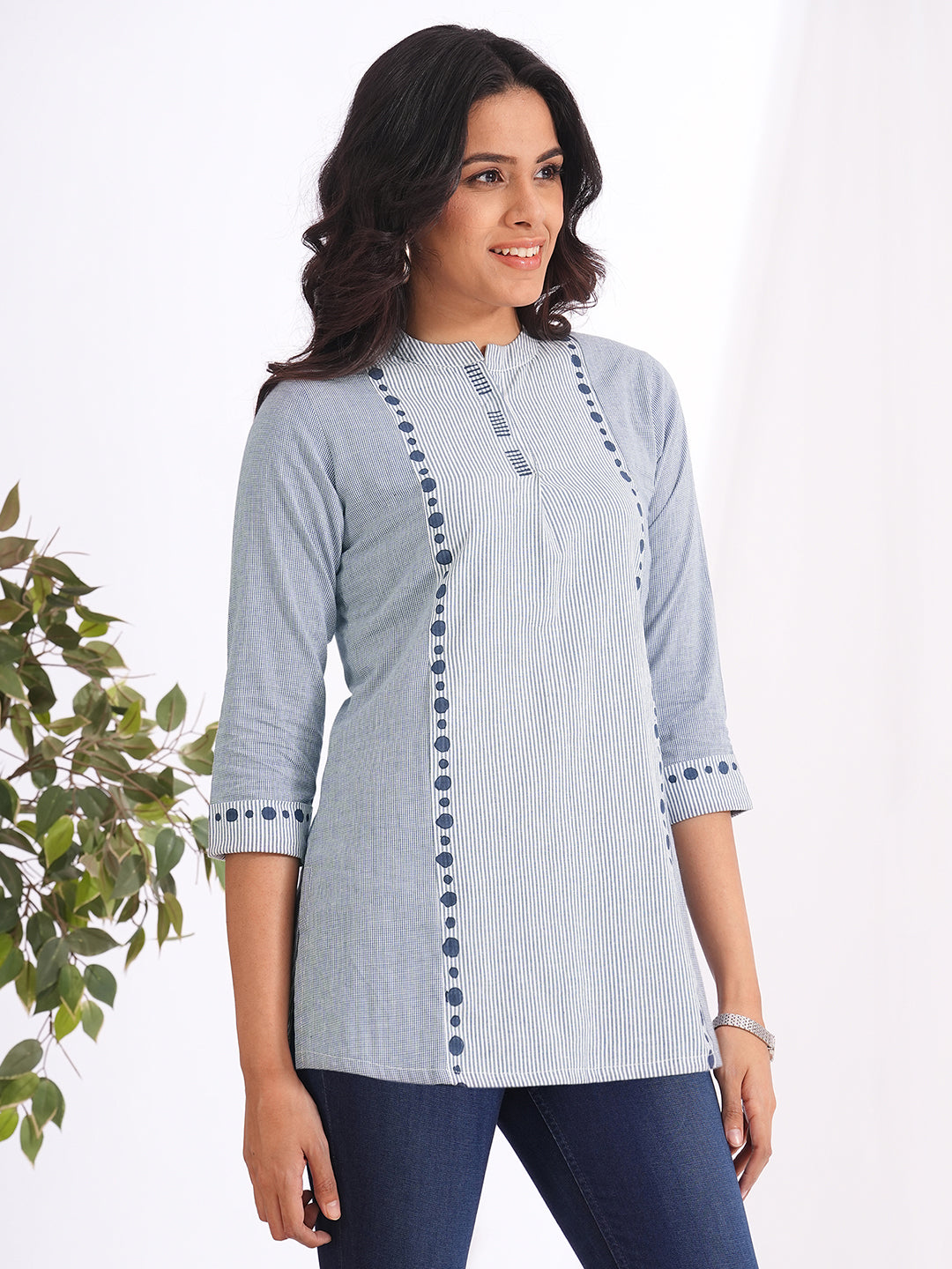 Woven cotton top with mix of stripes and cotton checks highlighted with block print