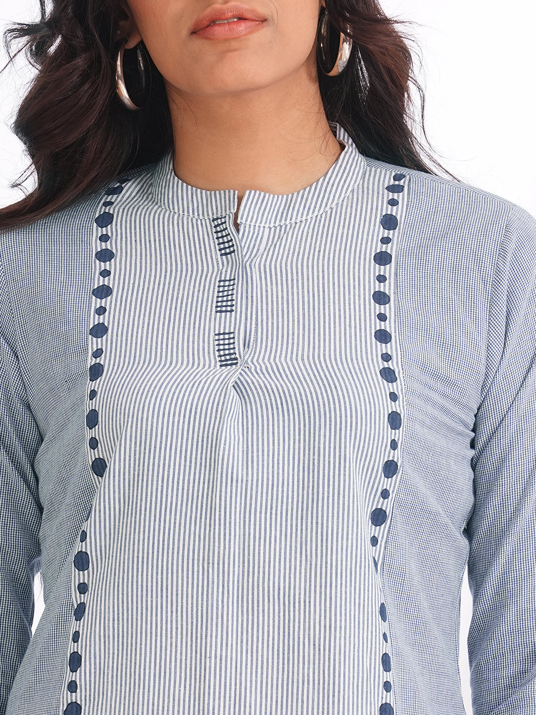 Woven cotton top with mix of stripes and cotton checks highlighted with block print
