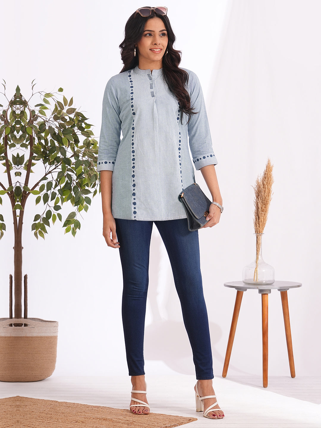 Woven cotton top with mix of stripes and cotton checks highlighted with block print