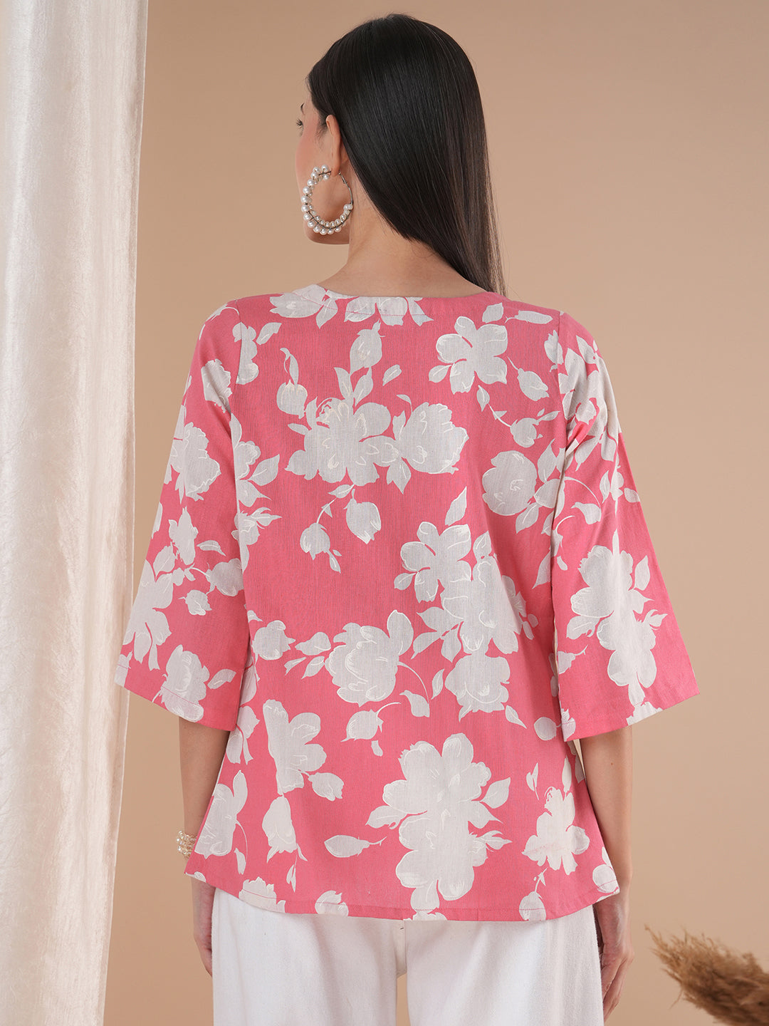 Printed short top with tucks in the front with mirror work and bell sleeves