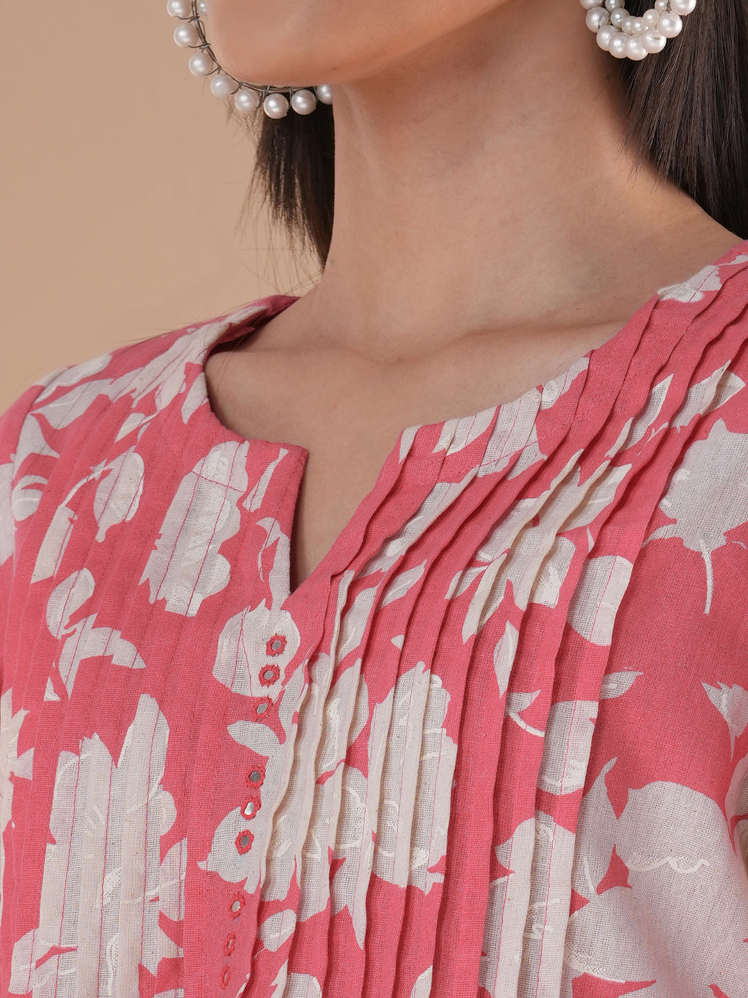 Printed short top with tucks in the front with mirror work and bell sleeves