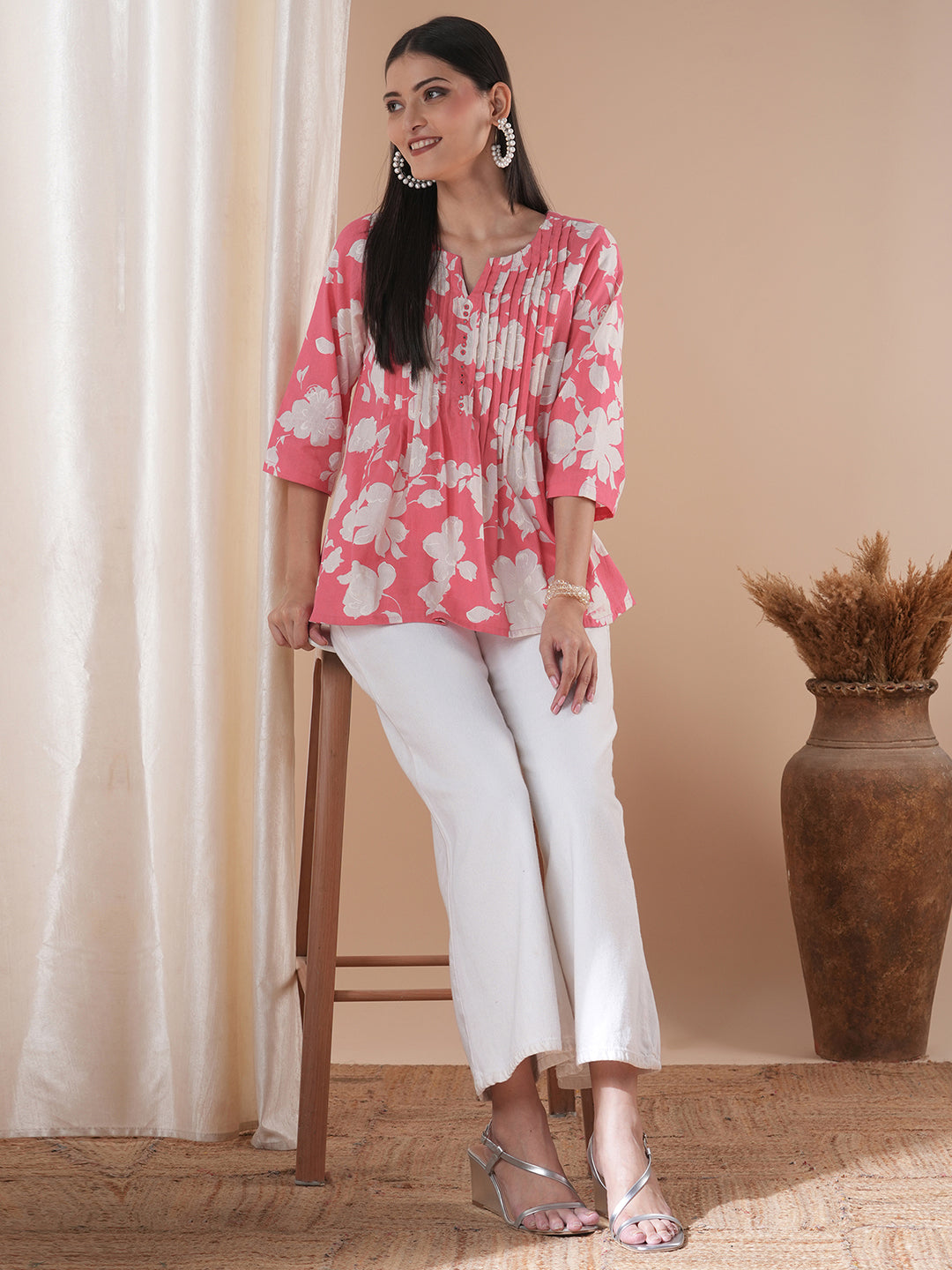 Printed short top with tucks in the front with mirror work and bell sleeves
