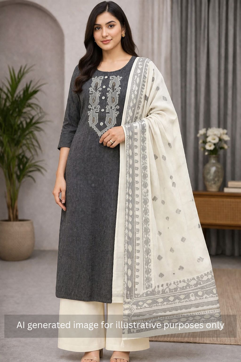3-piece unstitched set features a black embroidered top paired with a soft cream dupatta showcasing subtle woven motifs.