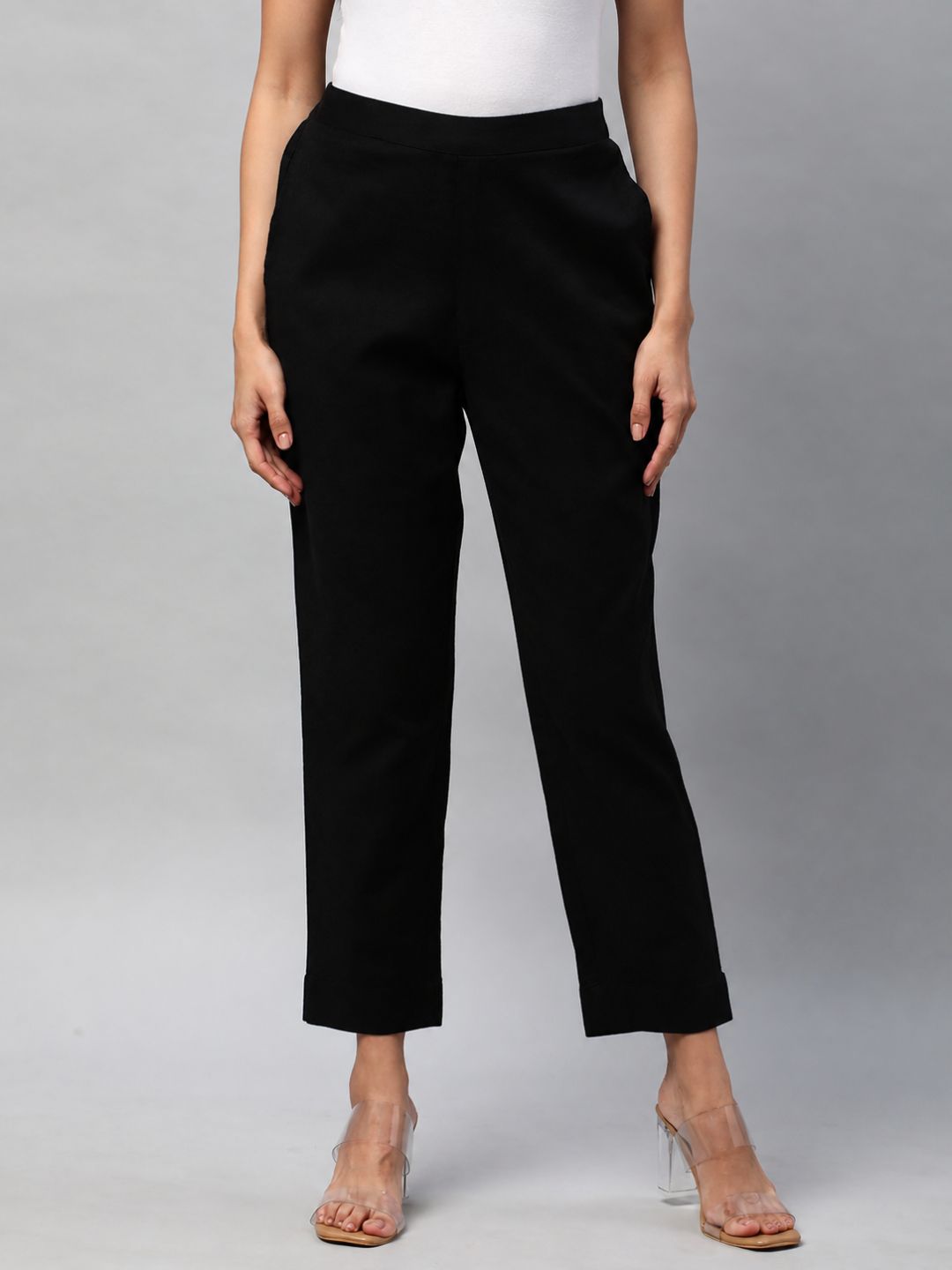 Straight Fit Cotton Plain Ankle Length Half Elasticated Pant with Inside Drawstring.(Black)