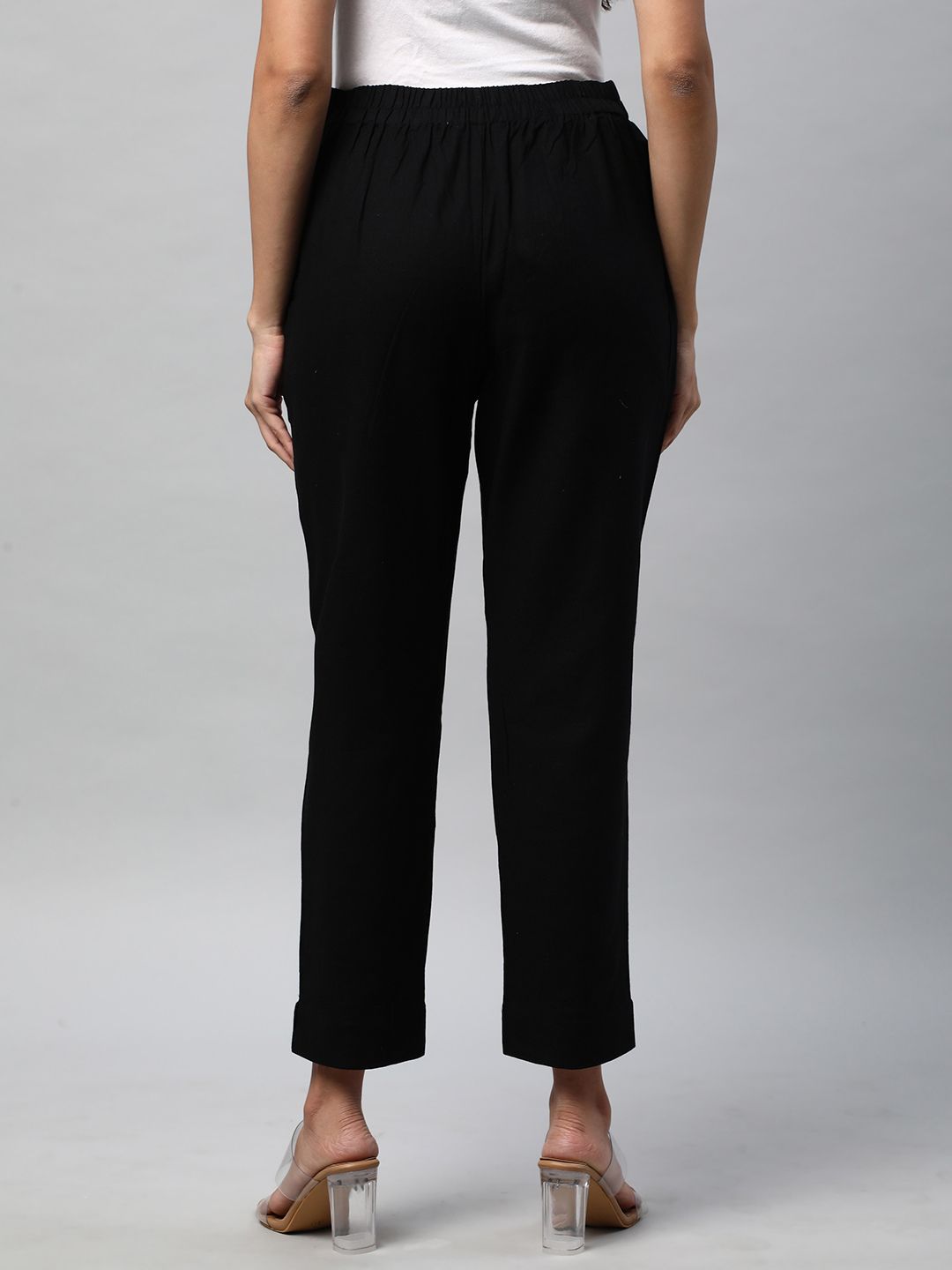 Straight Fit Cotton Plain Ankle Length Half Elasticated Pant with Inside Drawstring.(Black)