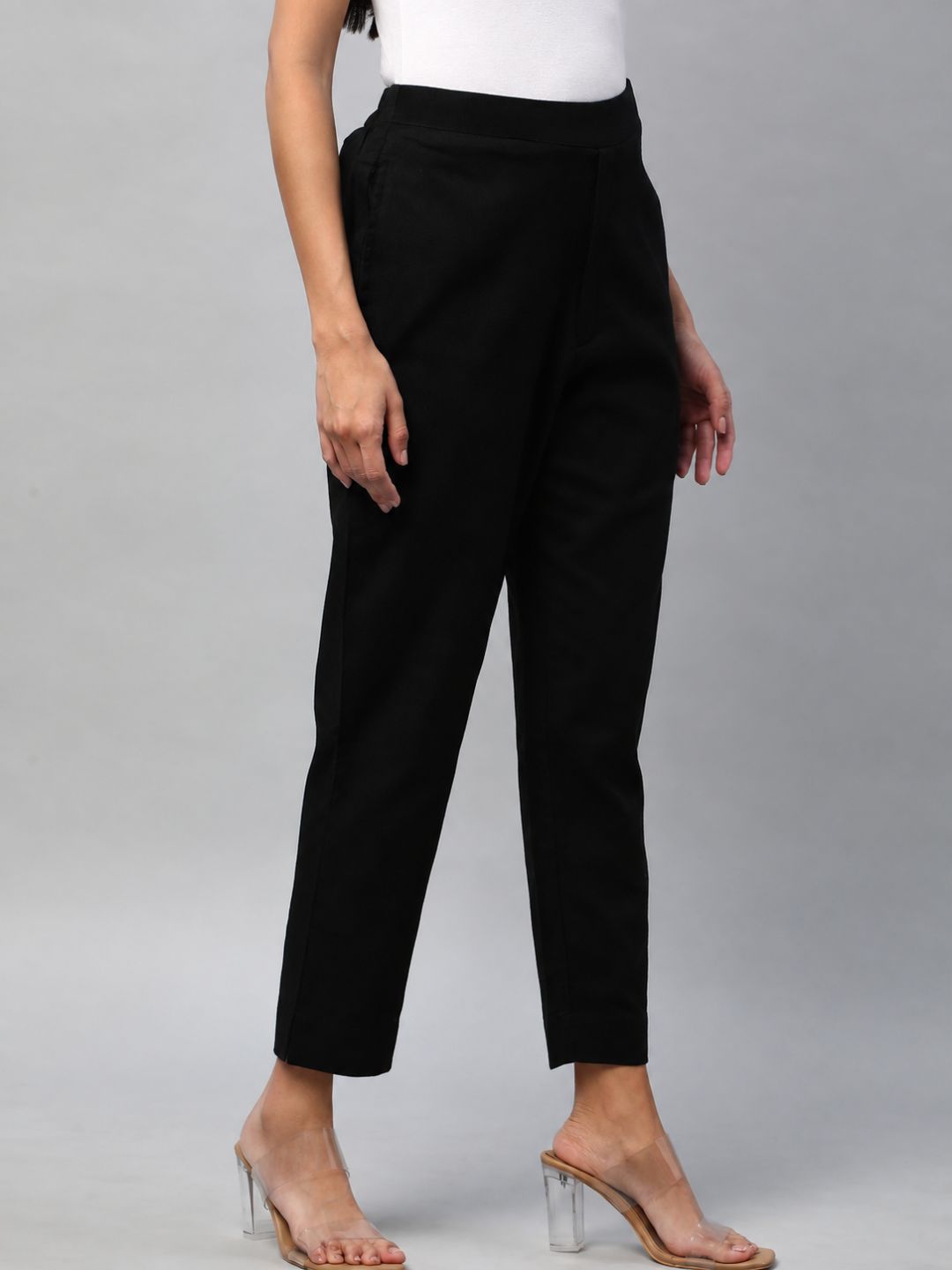 Straight Fit Cotton Plain Ankle Length Half Elasticated Pant with Inside Drawstring.(Black)