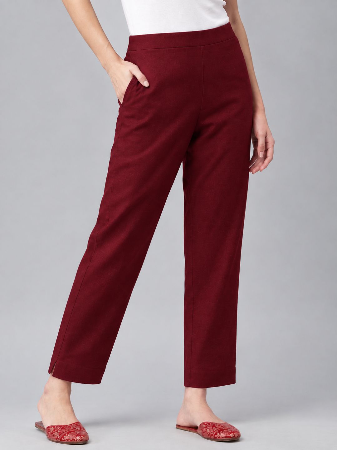 Straight Fit Cotton Plain Ankle Length Half Elasticated Pant with Inside Drawstring.(Maroon)