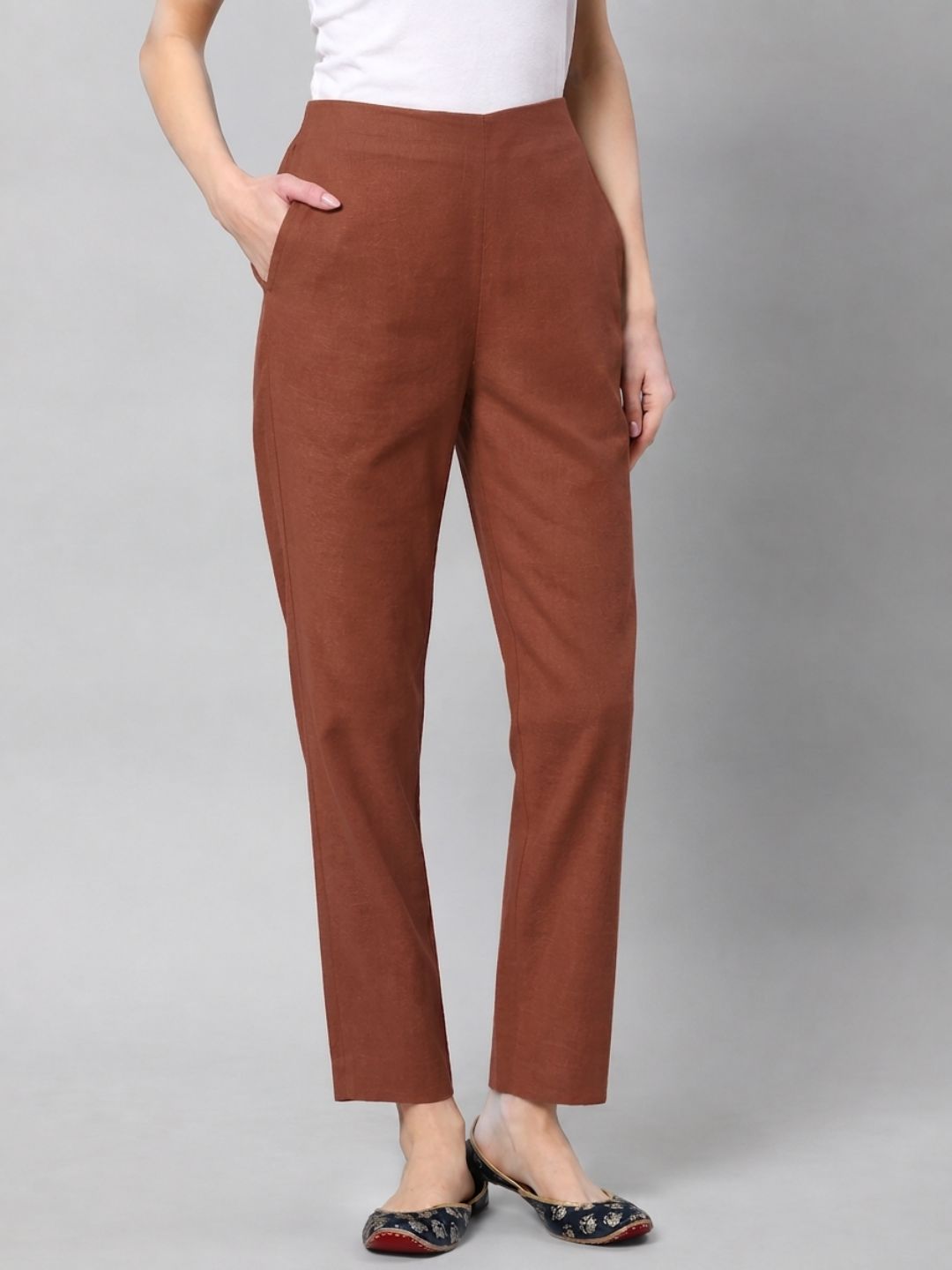 Straight Fit Cotton Plain Ankle Length Half Elasticated Pant with Inside Drawstring.(Rust)