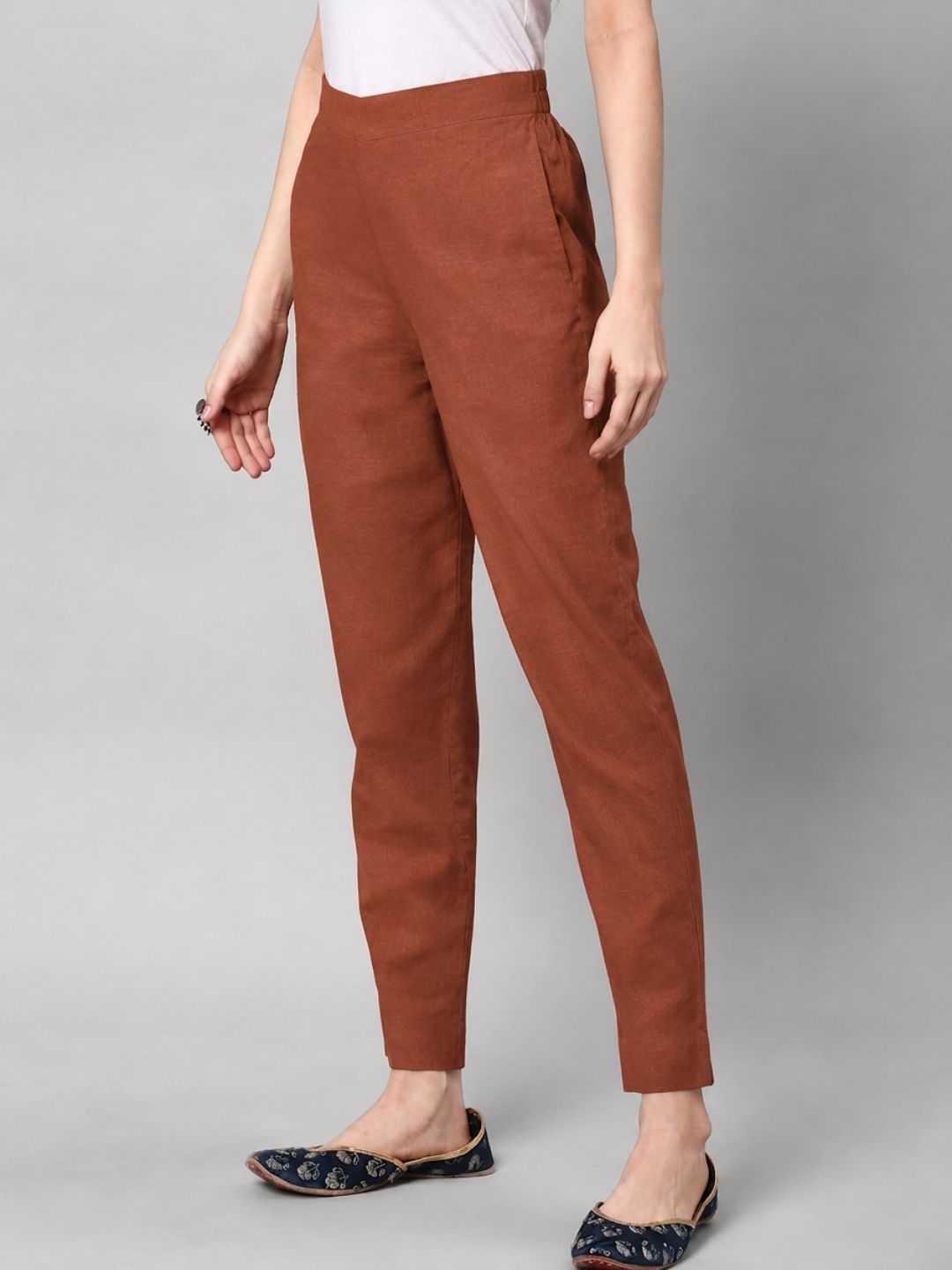 Straight Fit Cotton Plain Ankle Length Half Elasticated Pant with Inside Drawstring.(Rust)