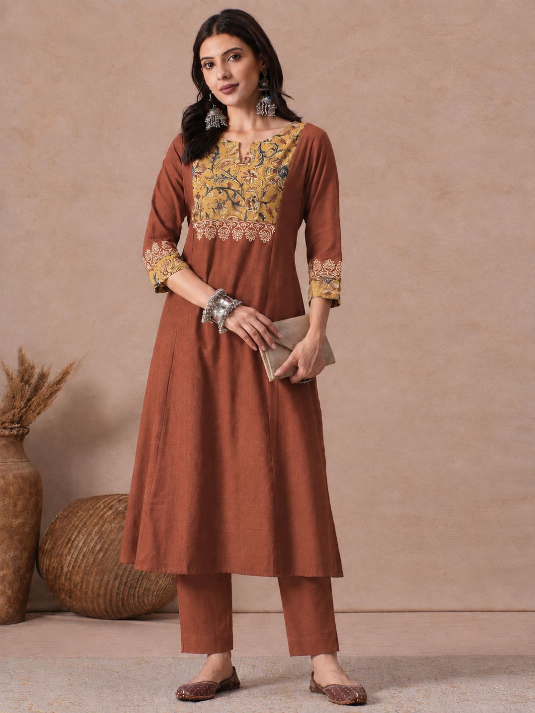 Straight Fit Cotton Plain Ankle Length Half Elasticated Pant with Inside Drawstring.(Rust)