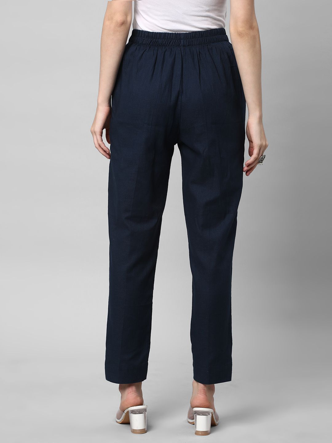 Straight Fit Cotton Plain Ankle Length Half Elasticated Pant with Inside Drawstring.(Blue)