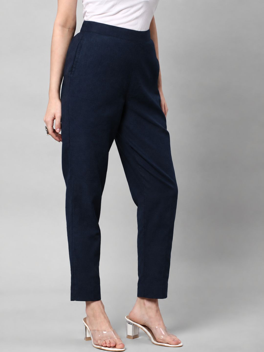 Straight Fit Cotton Plain Ankle Length Half Elasticated Pant with Inside Drawstring.(Blue)