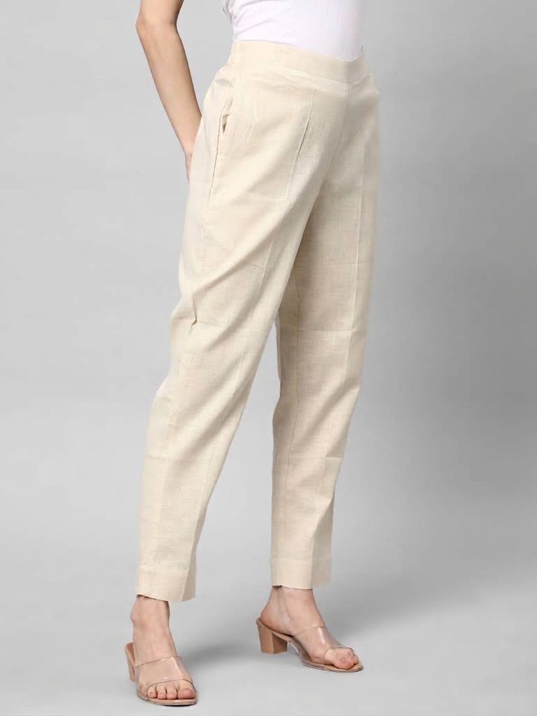 Straight Fit Cotton Plain Ankle Length Half Elasticated Pant with Inside Drawstring.(Cream)